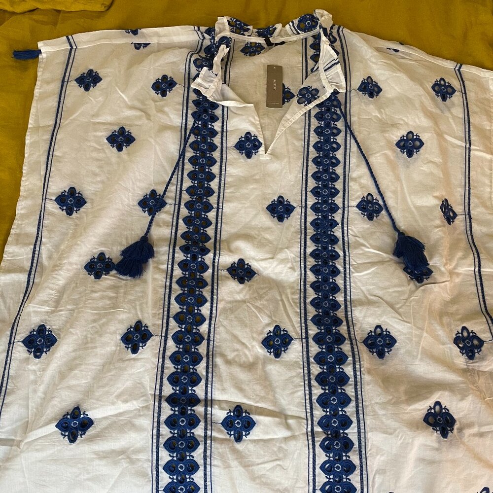 NWT: J. Crew White with Blue Embroidered Beach Cover Up